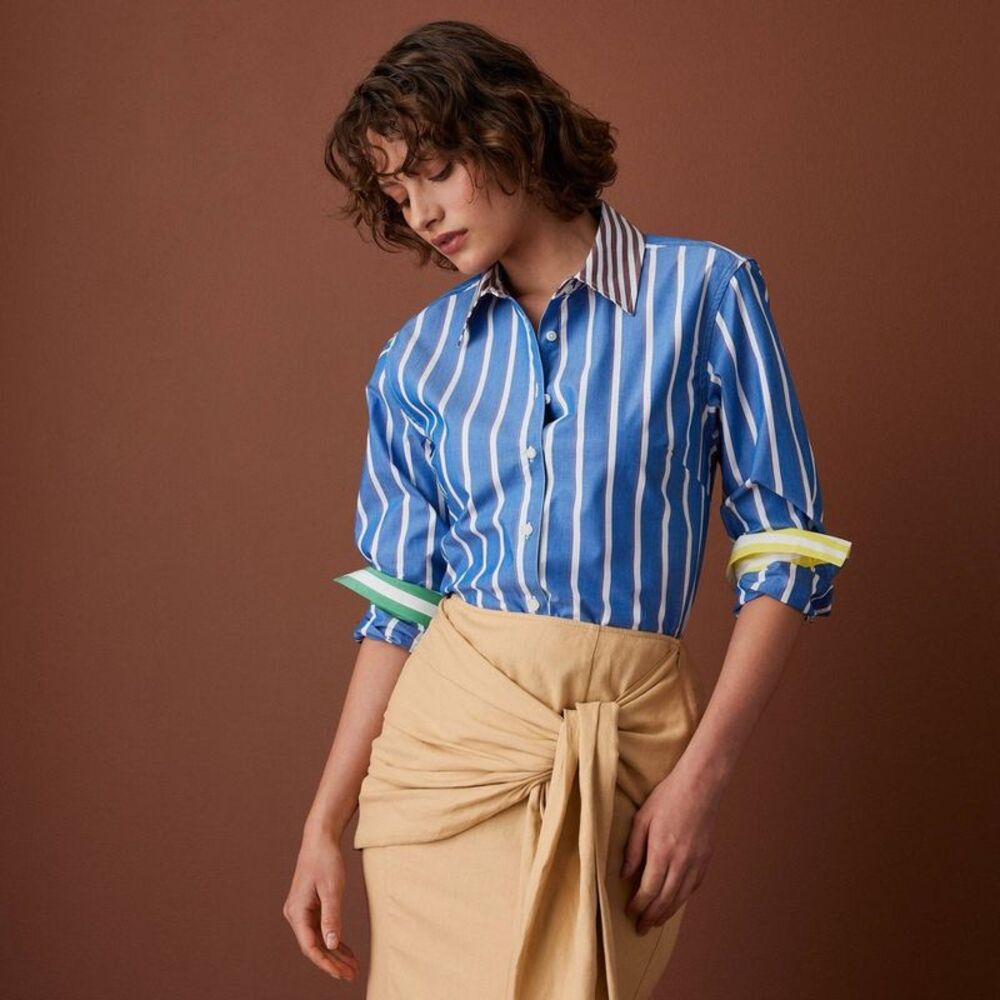 Women's Long Sleeve Poplin Button-Down Striped Shirt Blue L - Picture 4 of 4